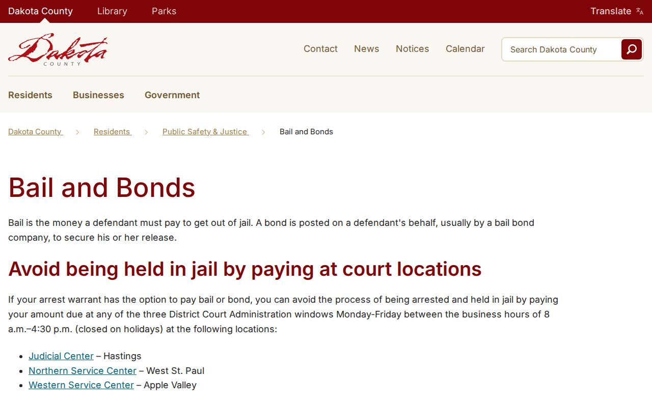 Dakota County bench warrant records bail and bond instructions on the county page