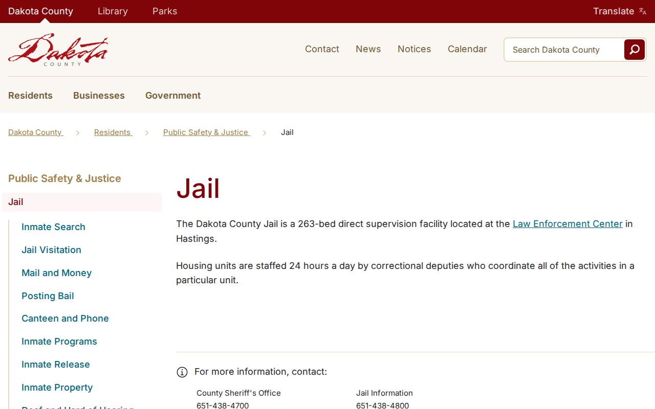 Dakota County active warrant records custody information on the county jail page