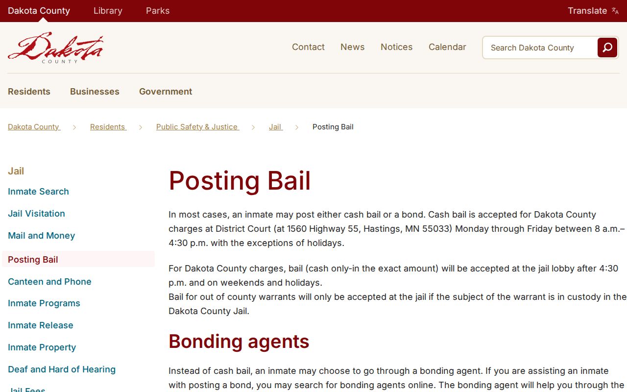 Dakota County arrest warrant records bail payment instructions on the posting bail page