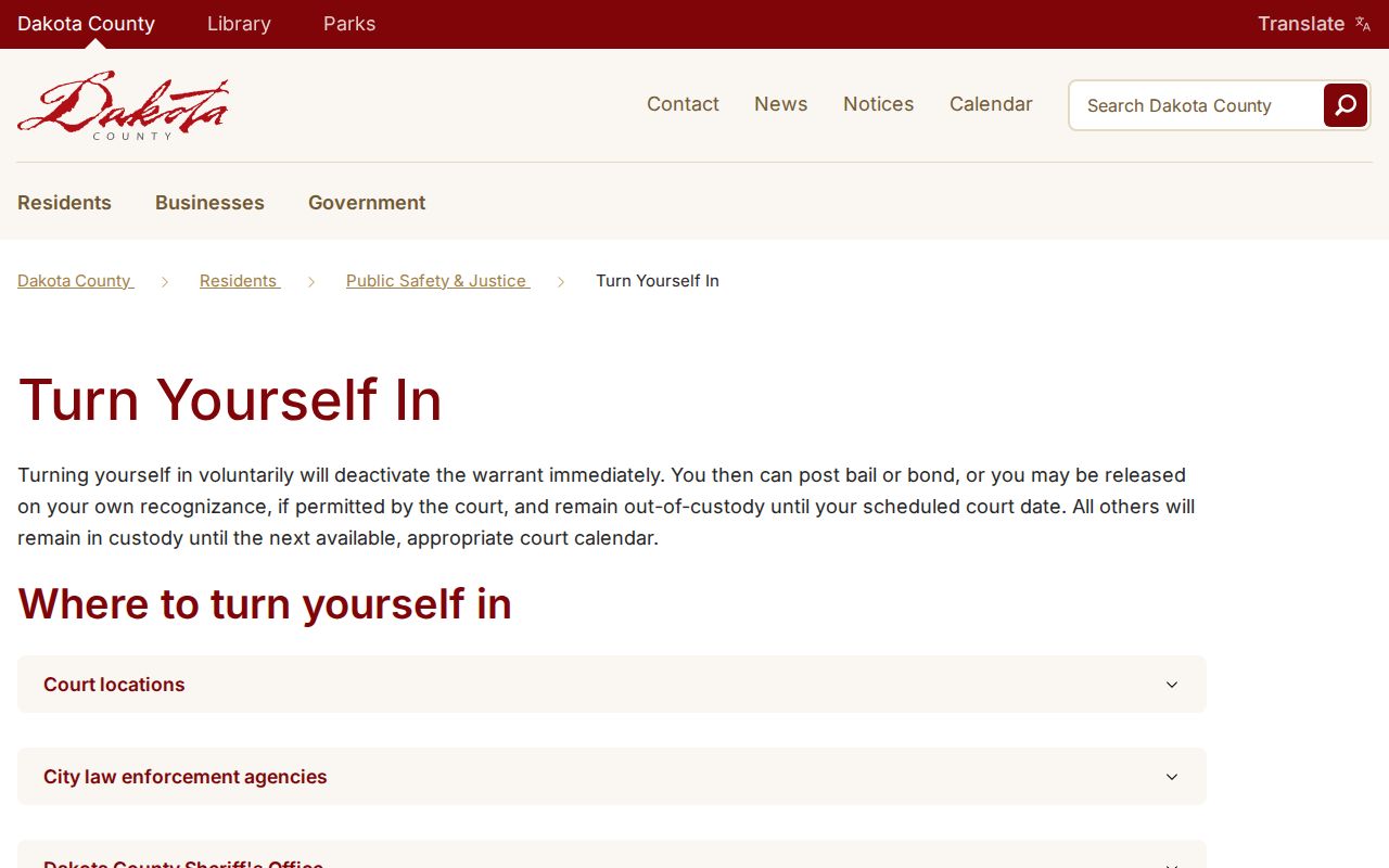 Dakota County bench warrant records surrender instructions on the county turn-yourself-in page
