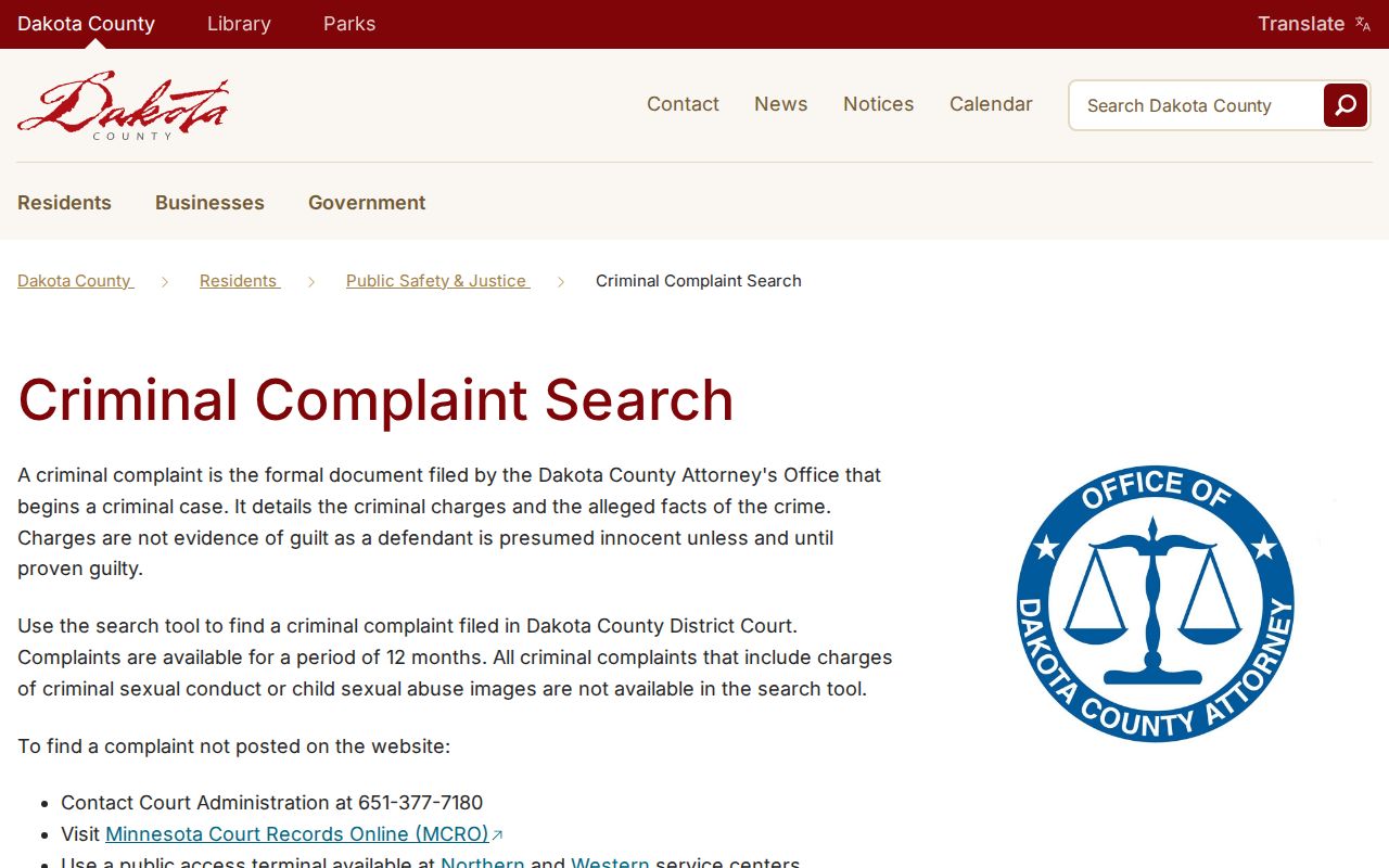 Dakota County arrest warrant records complaint search on the County Attorney page