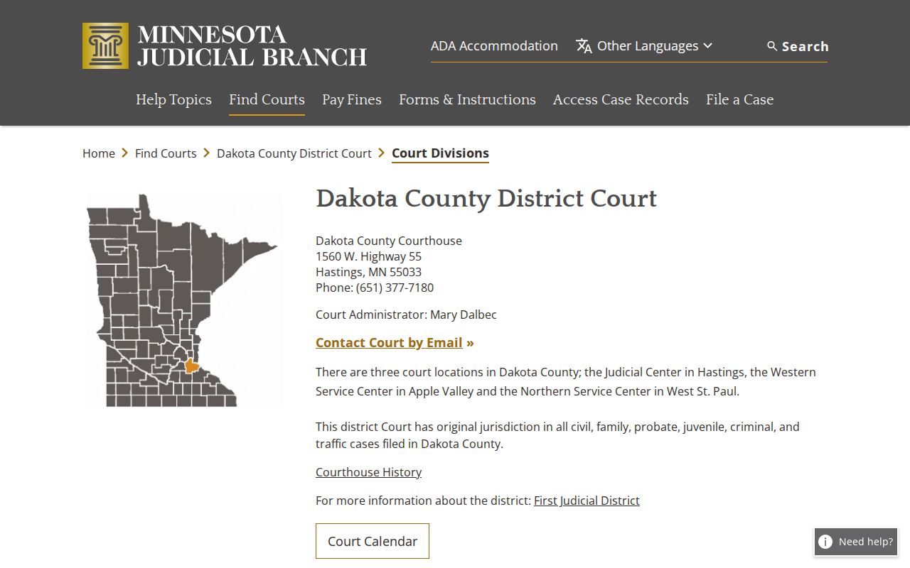 Dakota County traffic warrant records court divisions on the District Court page