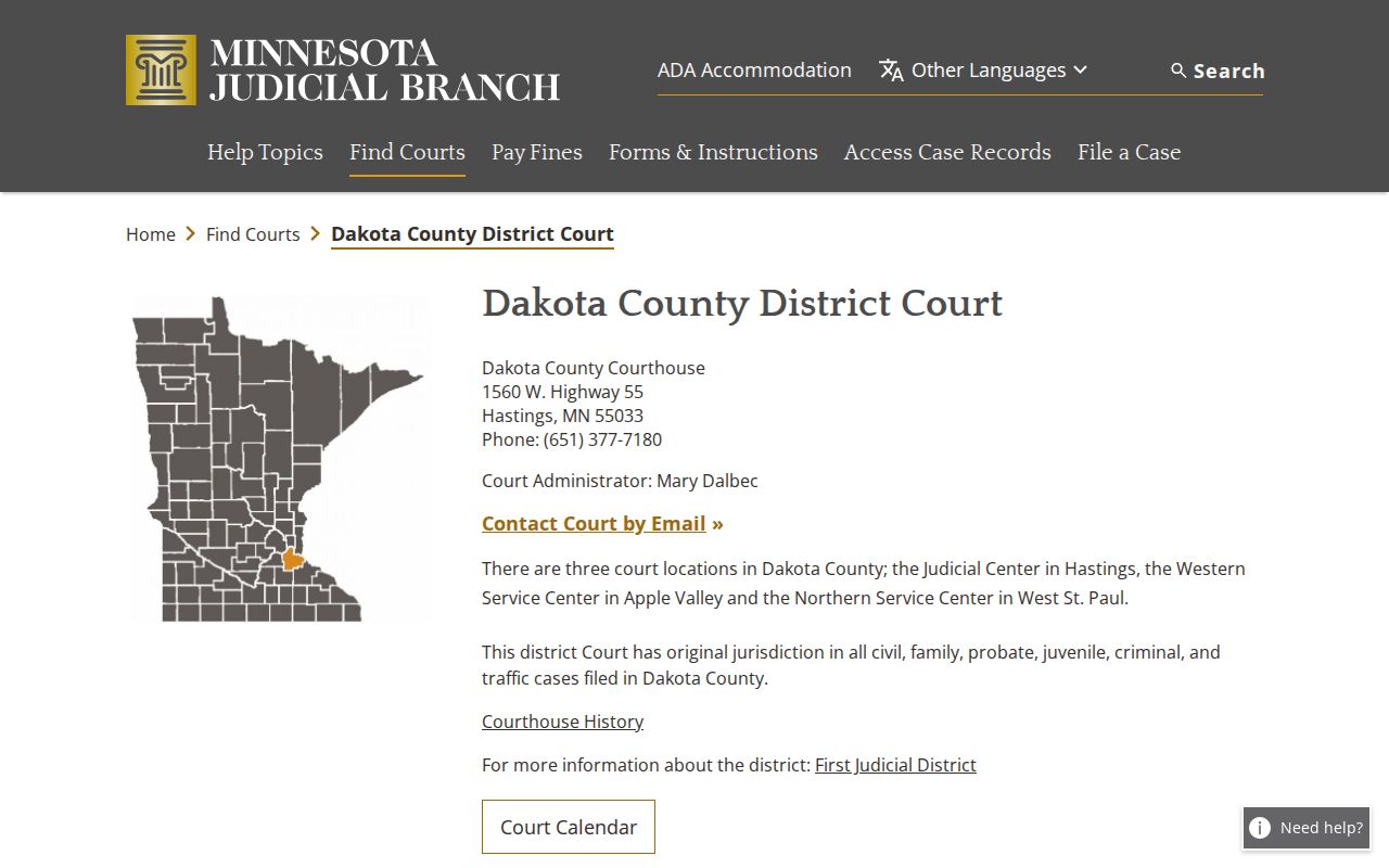 Dakota County municipal warrant records court locations on the Dakota County District Court page
