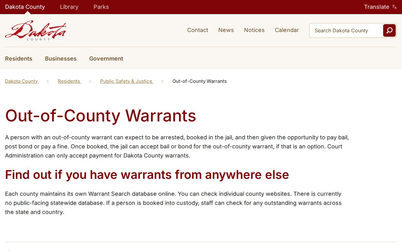 Dakota County active warrant records limits on the out-of-county warrants page