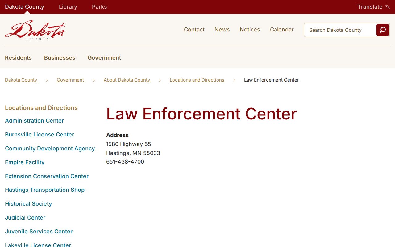 Dakota County arrest warrant records law enforcement center location in Hastings