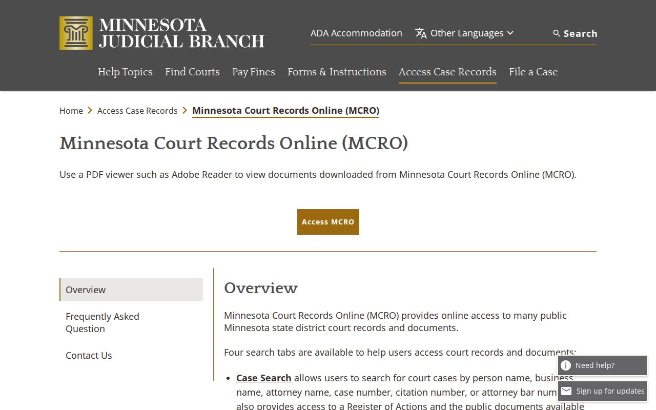 Dakota County warrant records access guidance on the Minnesota Court Records Online help page