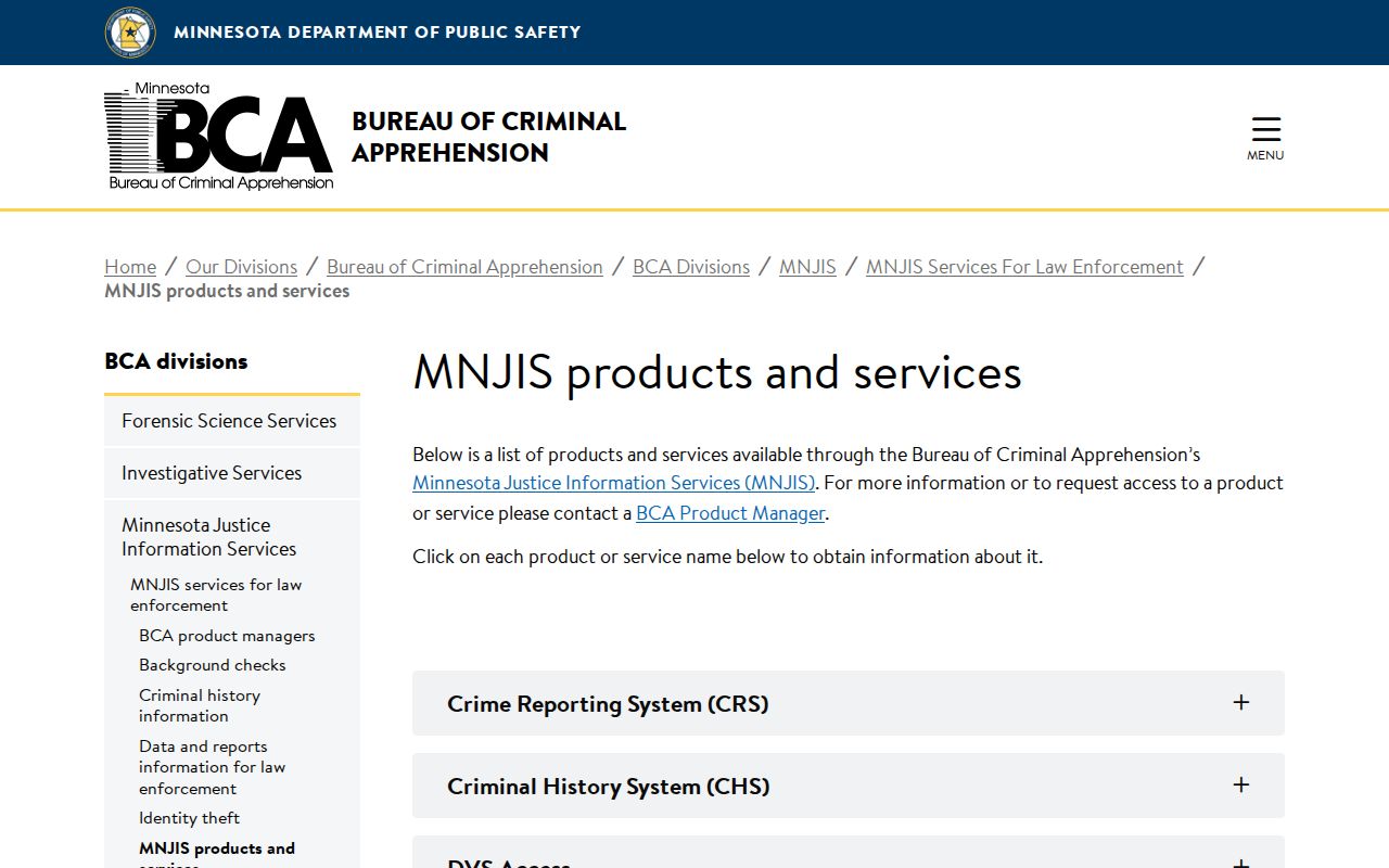 Dakota County municipal warrant records boundary on the Minnesota BCA MNJIS services page