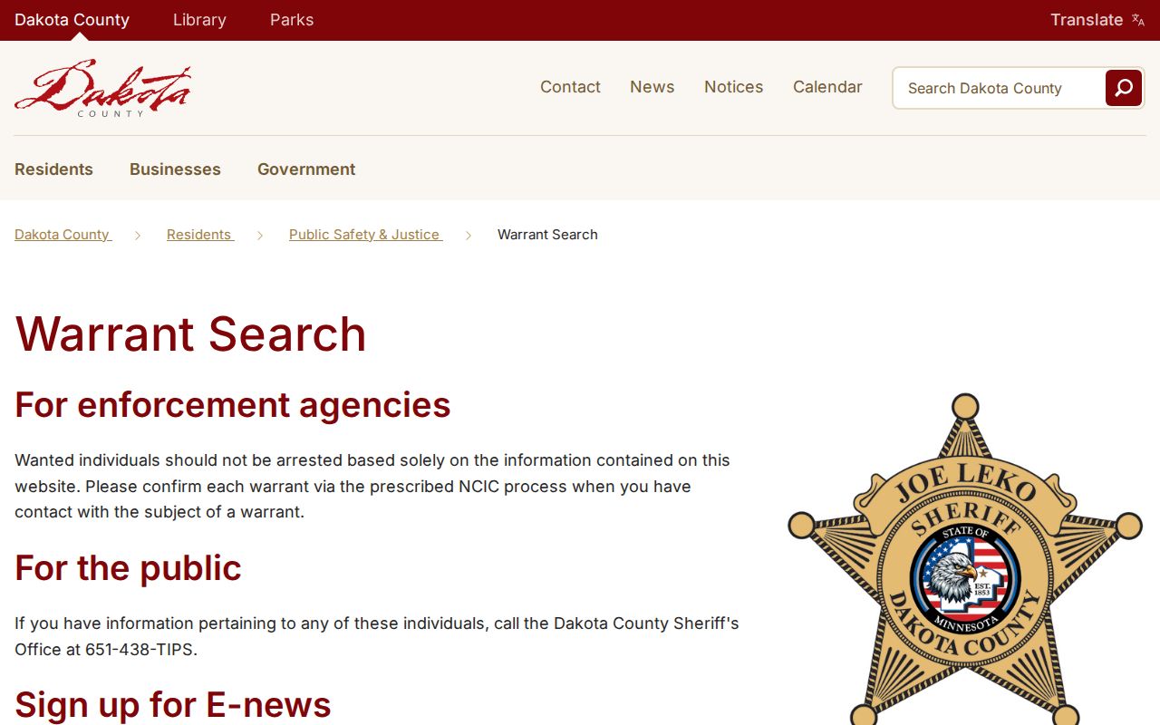 Dakota County warrant search form on the sheriff's office public lookup